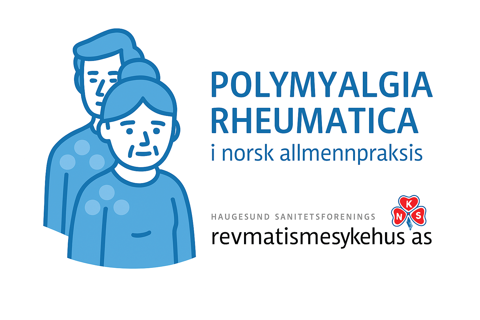 Logo for prosjektet om polymyalgia rheumatica i norsk allmennpraksis. Illustrasjon av to voksne personer i blåtoner, samt tekst som viser prosjektnavnet og logoen til Haugesund Sanitetsforenings Revmatismesykehus