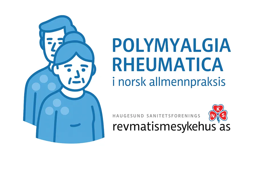 Logo for prosjektet om polymyalgia rheumatica i norsk allmennpraksis. Illustrasjon av to voksne personer i blåtoner, samt tekst som viser prosjektnavnet og logoen til Haugesund Sanitetsforenings Revmatismesykehus