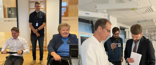 Bildet viser storfint besøk på HSR: Erna Solberg og Jan Christian Vestre